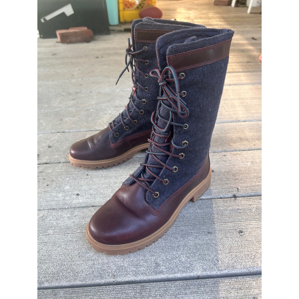 Timberland Jayne Gaiter Burgundy Leather Navy Wool Lace Up Boots Size 6.5 A1SG8